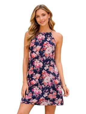 Listicle Floral Shift Dress Small Navy Blue Rayon Sleeveless Tie Neck Boho Mini